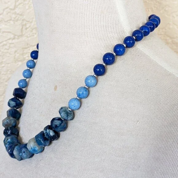 Teal Blue & Light Blue Tie Dye Agate Strand Statement Necklace